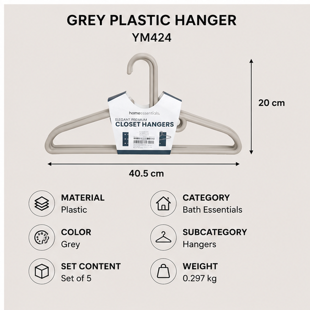 Grey Plastic Closet Hangers Set of 5 (YM424)