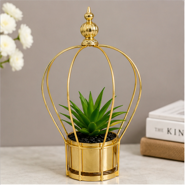 Gold Crown Heart Planter with Artificial Succulent (YM2245)
