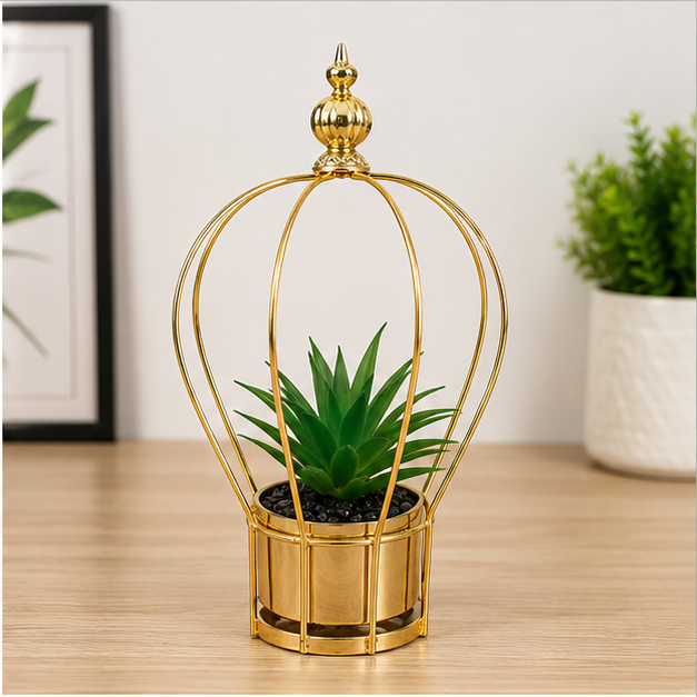 Gold Crown Heart Planter with Artificial Succulent (YM2245)