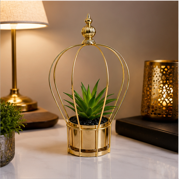 Gold Crown Heart Planter with Artificial Succulent (YM2245)