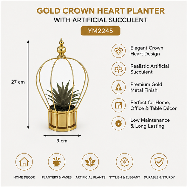 Gold Crown Heart Planter with Artificial Succulent (YM2245)