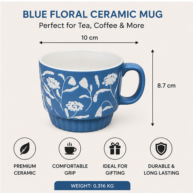 Blue Floral Ceramic Coffee Mug for Daily Use (YM2843)