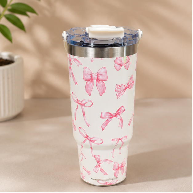 Cream Insulated Tumbler with Ribbon Design (YM2202)