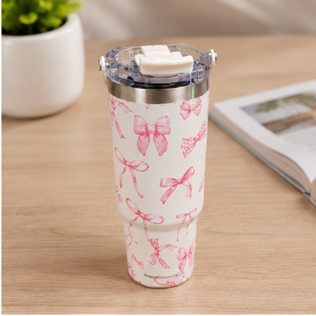 Cream Insulated Tumbler with Ribbon Design (YM2202)