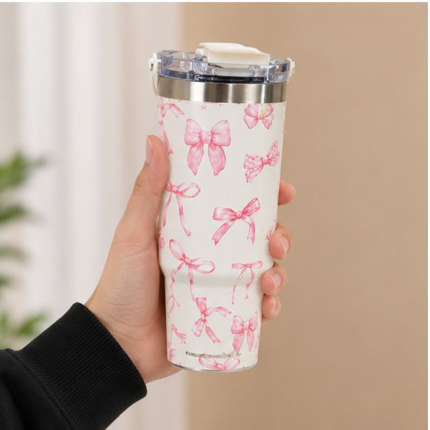 Cream Insulated Tumbler with Ribbon Design (YM2202)