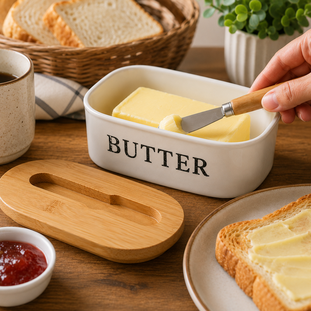 Vintage Ceramic Butter Dish with Wooden Lid & Butter Knife (YM2461)