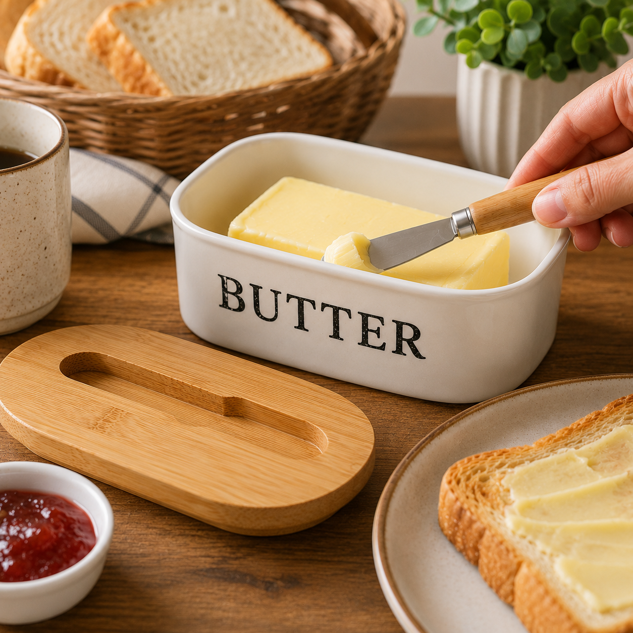 Vintage Ceramic Butter Dish with Wooden Lid & Butter Knife (YM2461)