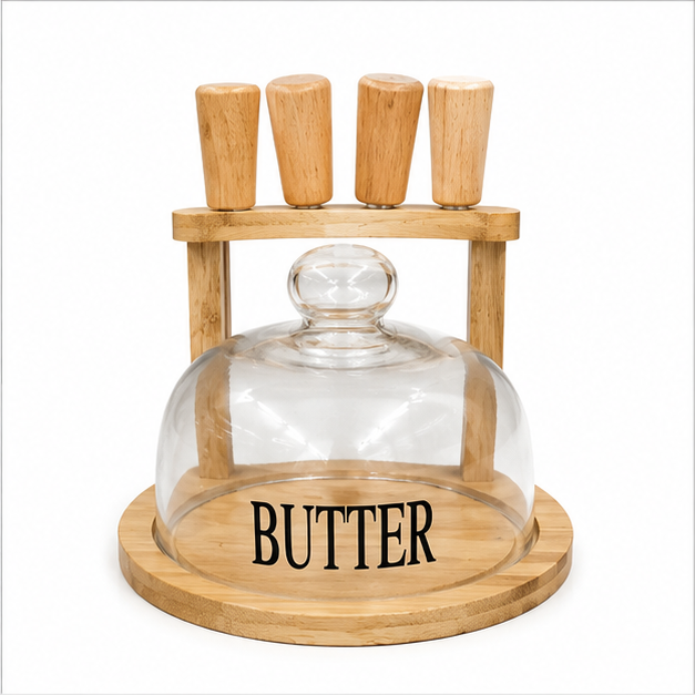 Butter Dish with Glass Cover & Wooden Knife Set (YM1295)