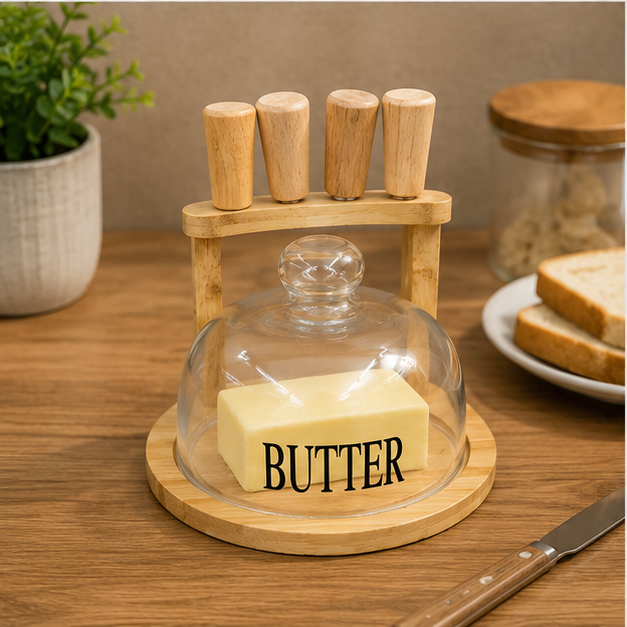 Butter Dish with Glass Cover & Wooden Knife Set (YM1295)