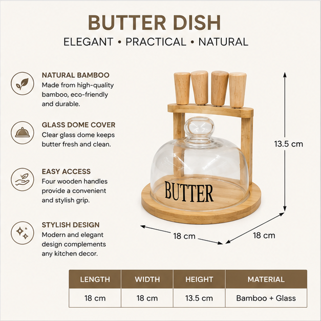 Butter Dish with Glass Cover & Wooden Knife Set (YM1295)