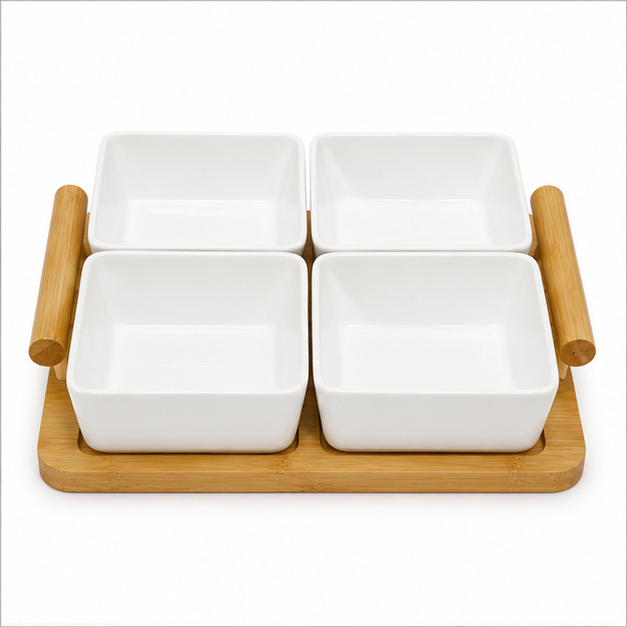 White Ceramic Bowl Set with Wooden Tray (YM387)