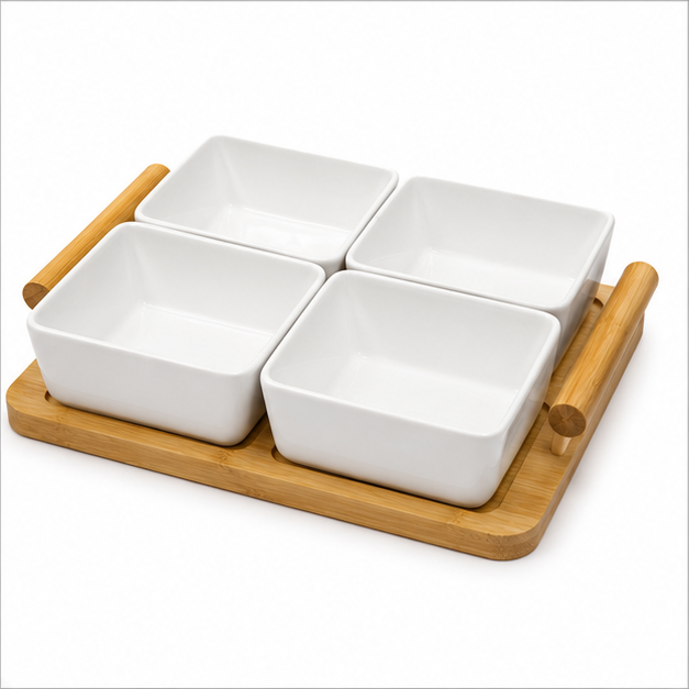 White Ceramic Bowl Set with Wooden Tray (YM387)