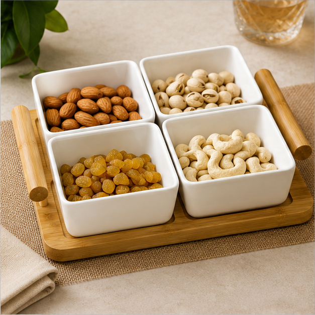 White Ceramic Bowl Set with Wooden Tray (YM387)