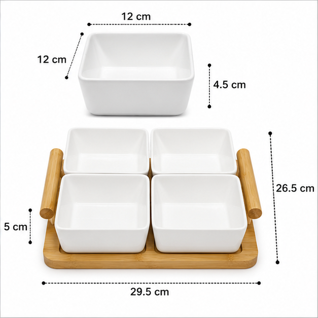 White Ceramic Bowl Set with Wooden Tray (YM387)