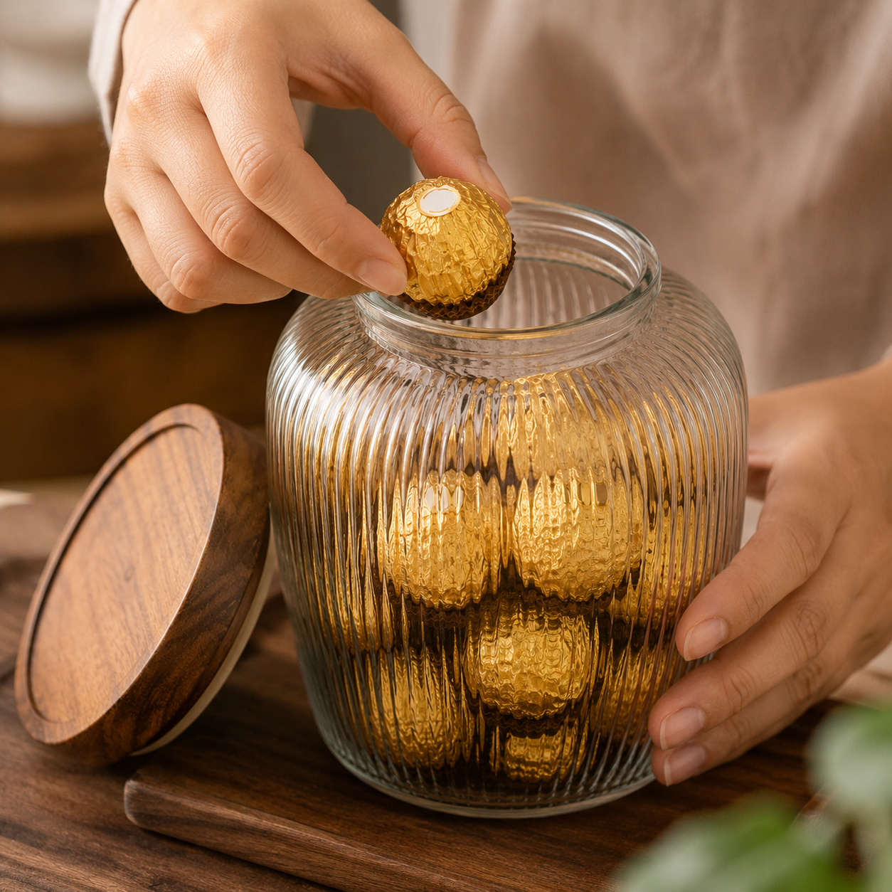 Ribbed Glass Candy Storage Jar with Wooden Lid(YM2465)