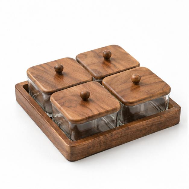 Glass Condiment Set with Tray - Set of 4 (YM2399)