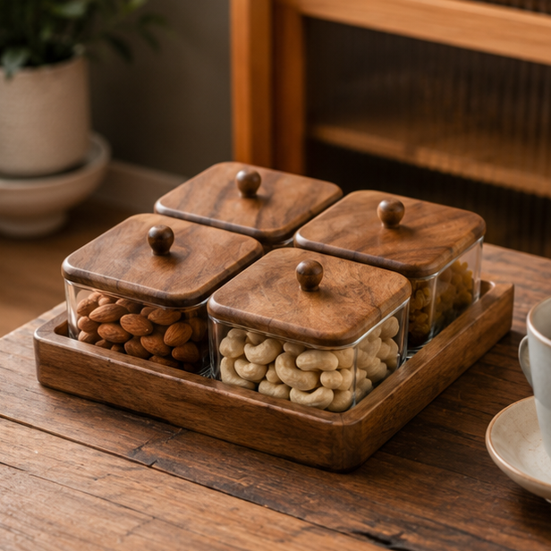 Glass Condiment Set with Tray - Set of 4 (YM2399)
