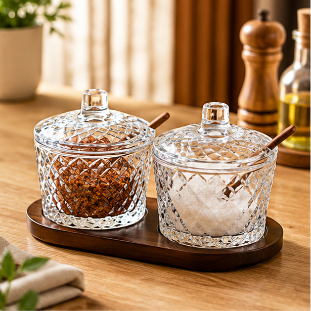 Glass Condiment Set of 2 with Serving Tray (YM2418)
