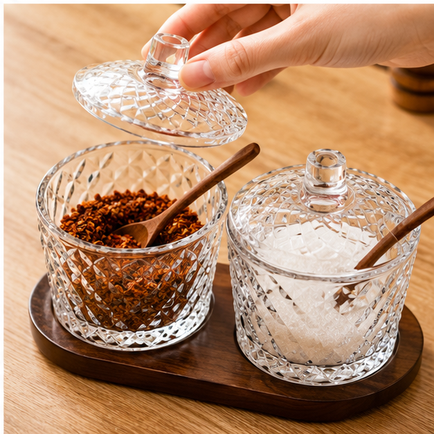 Glass Condiment Set of 2 with Serving Tray (YM2418)