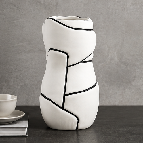 White Abstract Flower Vase with Black Detailing (YM2342)