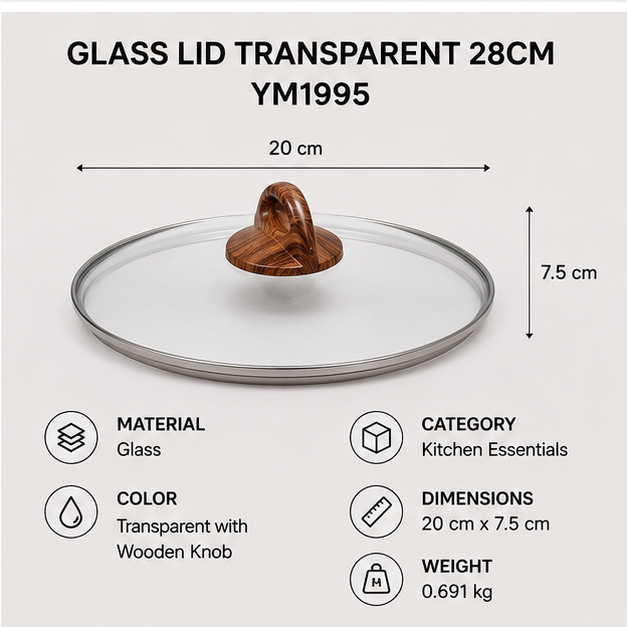 Transparent Glass Lid 28cm with Wooden Knob (YM1995)