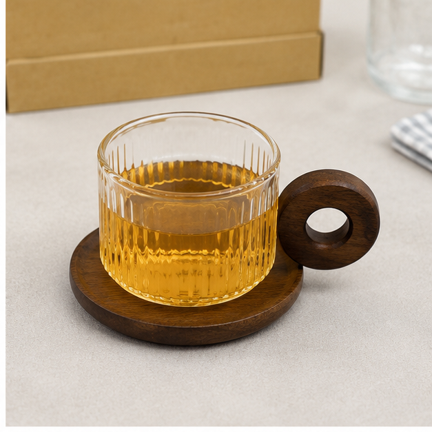 Transparent Glass Cup with Wooden Plate (YM1558)