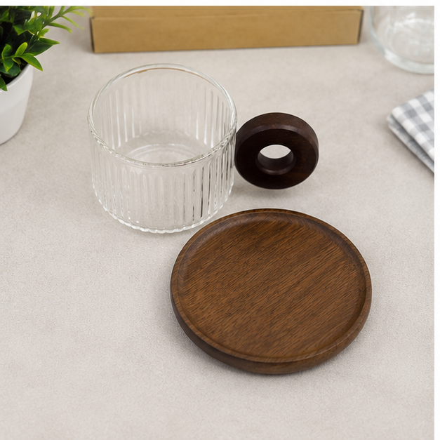 Transparent Glass Cup with Wooden Plate (YM1558)