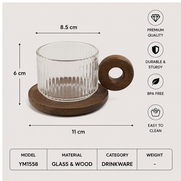 Transparent Glass Cup with Wooden Plate (YM1558)