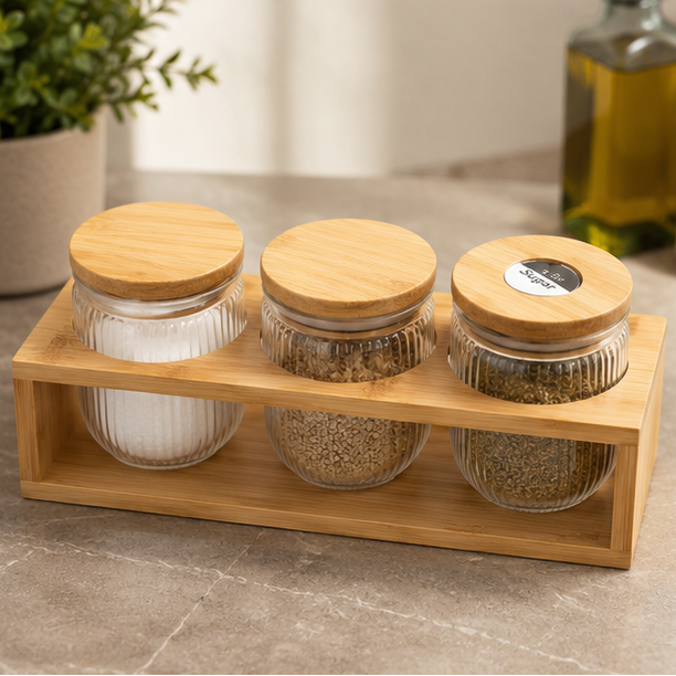 3-Piece Spice Jar Set with Wooden Stand (YM2409)