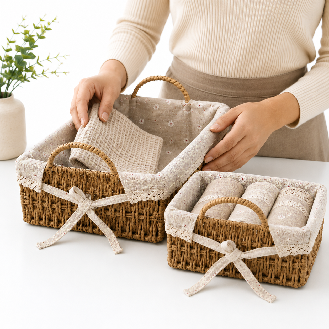 Ceramic Storage Basket Set with Fabric Lining(YM917)