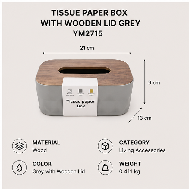 Grey Wooden Tissue Paper Box Holder (YM2715)