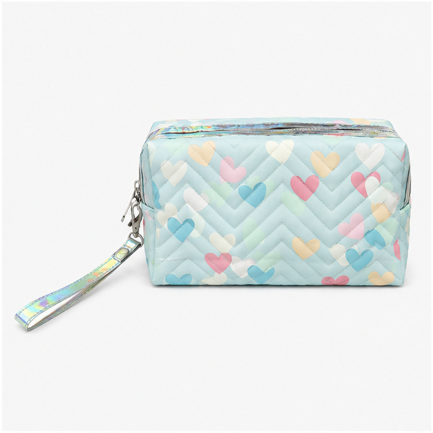 Blue Quilted Cosmetic Bag with Heart Print (YM1435)