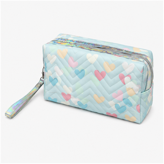 Blue Quilted Cosmetic Bag with Heart Print (YM1435)