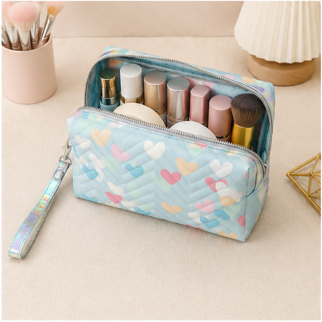 Blue Quilted Cosmetic Bag with Heart Print (YM1435)