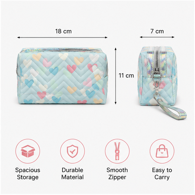 Blue Quilted Cosmetic Bag with Heart Print (YM1435)