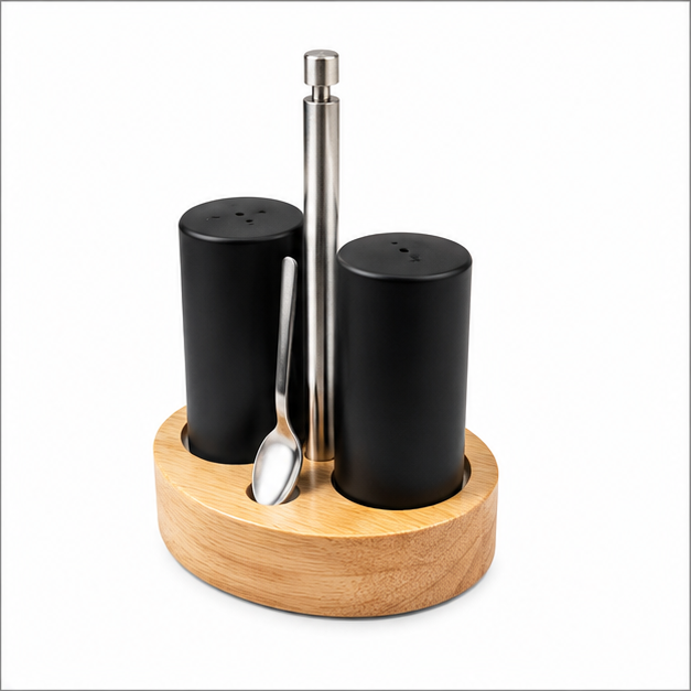 Black Seasoning Set with Wooden Base (YM1668)
