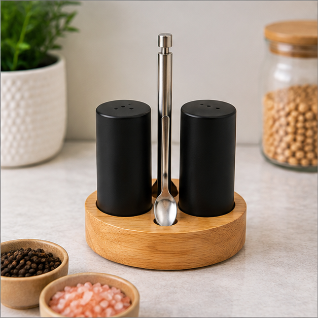 Black Seasoning Set with Wooden Base (YM1668)