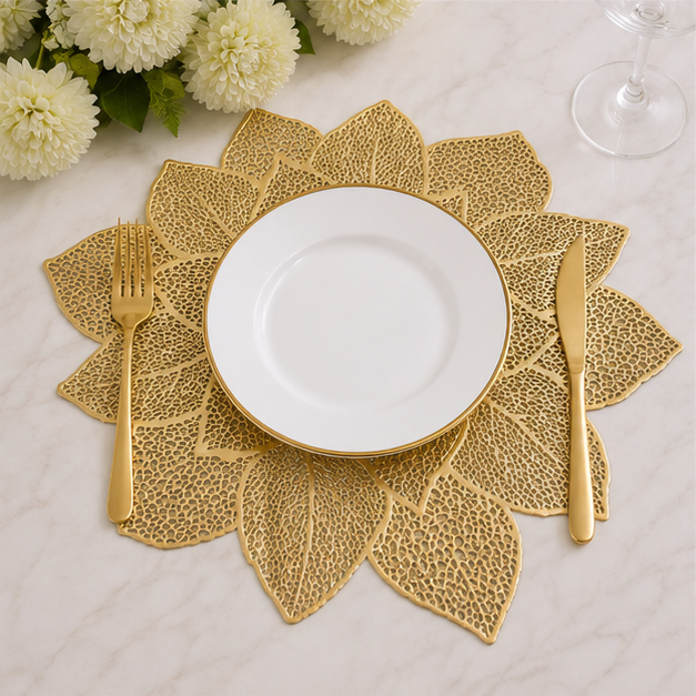 Gold Flower Design Table Mat Set of 6 for Dining Table Styling (YM2665)