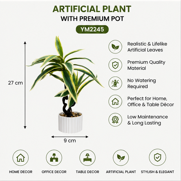 Artificial Variegated Dracaena Plant in White Pot (YM2247)