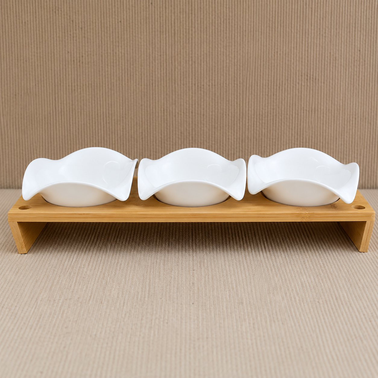 Ceramic Bowl Set with Bamboo Tray – White (YM392)
