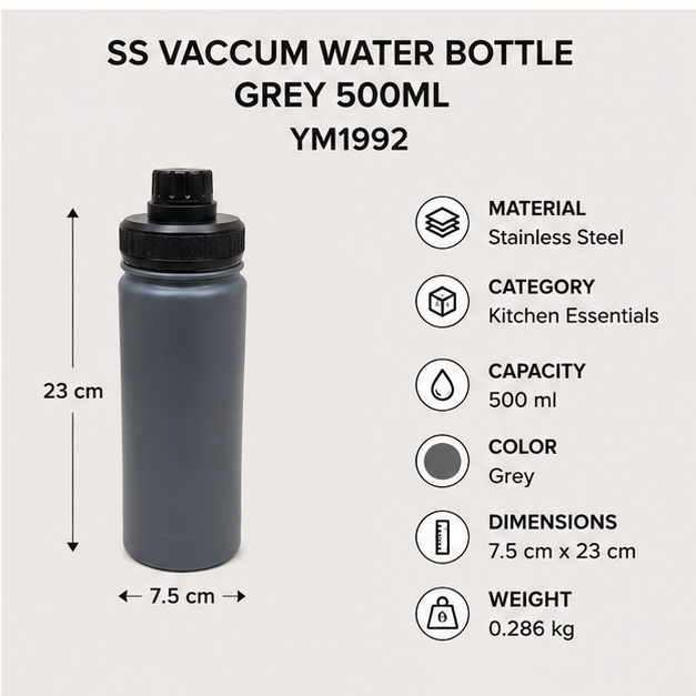 Grey Stainless Steel Vacuum Water Bottle 500ml (YM1992)