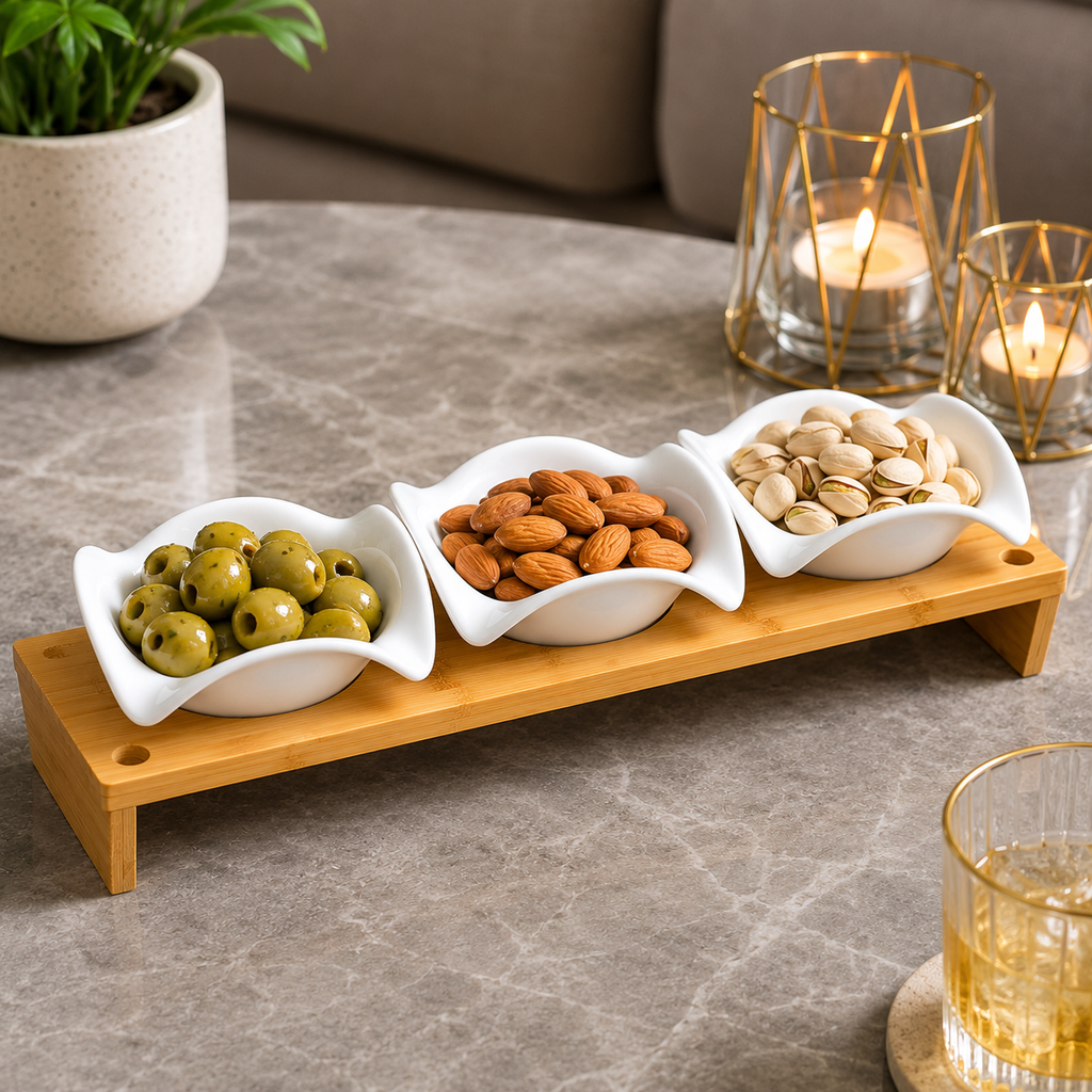 Ceramic Bowl Set with Bamboo Tray – White (YM392)