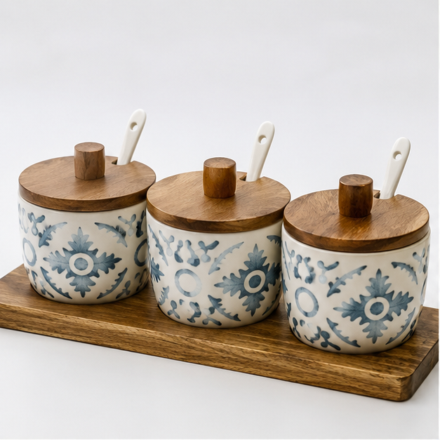 Ceramic Seasoning Jar Set of 3 with Wooden Tray (YM2419)