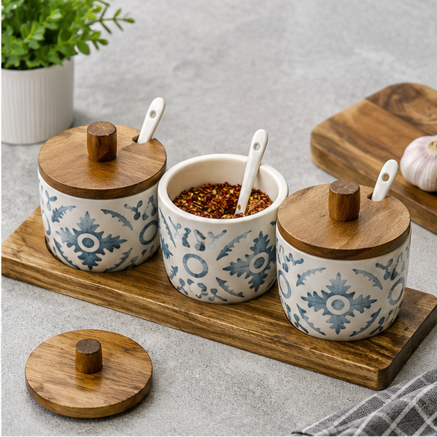 Ceramic Seasoning Jar Set of 3 with Wooden Tray (YM2419)