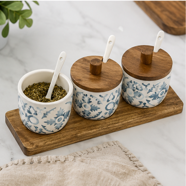 Ceramic Seasoning Jar Set of 3 with Wooden Tray (YM2419)