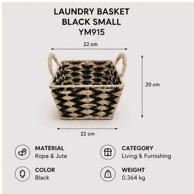 Black Small Rope & Jute Laundry Basket (YM915)