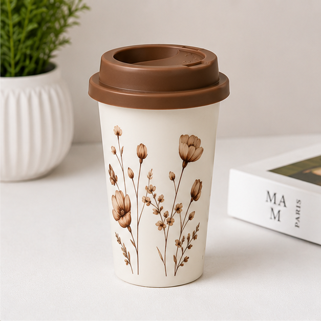 Brown Floral Coffee Cup for Travel Drinkware (YM2856)