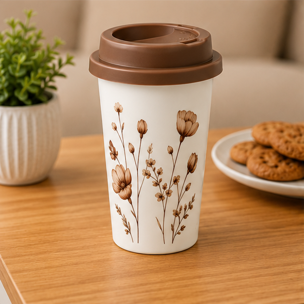 Brown Floral Coffee Cup for Travel Drinkware (YM2856)