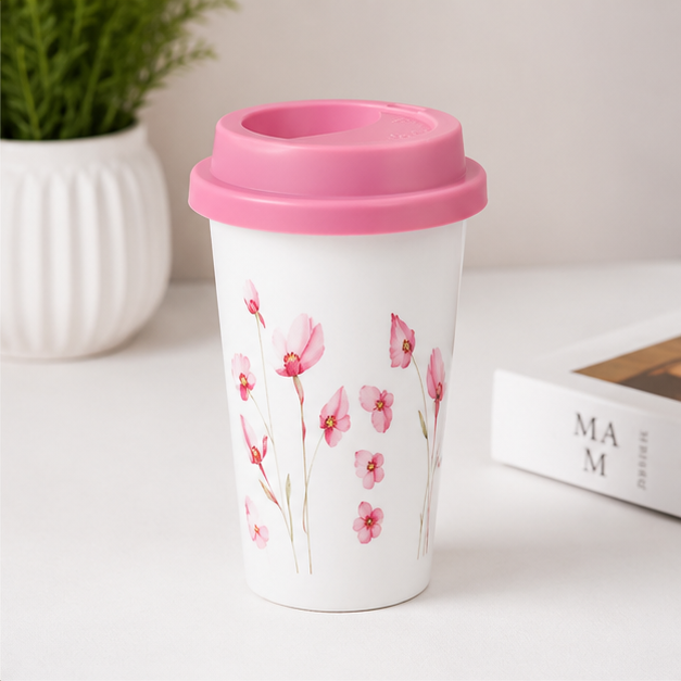 Pink Floral Coffee Cup for Travel Drinkware (YM2856)