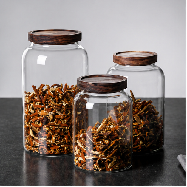 Glass Storage Jar Set with Wooden Lids (YM2450)